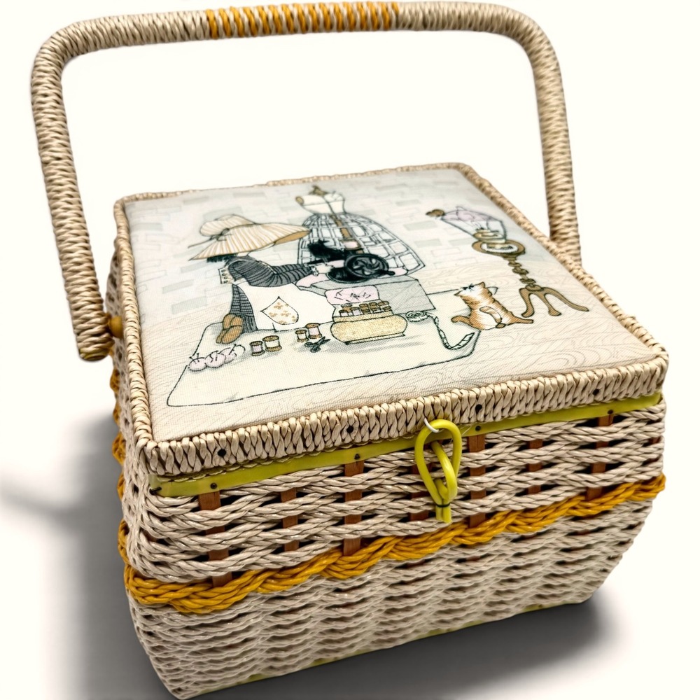 Vintage Sewing Basket Woven Made in Japan Vinyl Craft Box Sewing Theme Lid